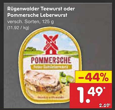 Rügenwalder Teewurst oder Pommersche Leberwurst, 125 g