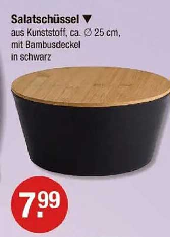 Salatschüssel aus Kunststoff (ca. Ø 25 cm) mit Bambusdeckel in schwarz