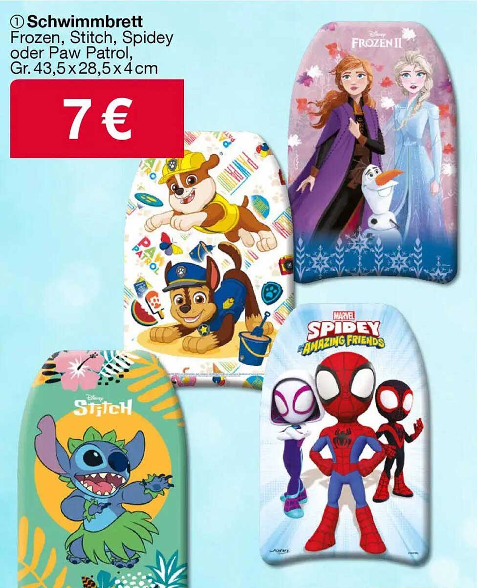 Schwimmboard mit Designs von Frozen, Stitch, Spidey oder Paw Patrol