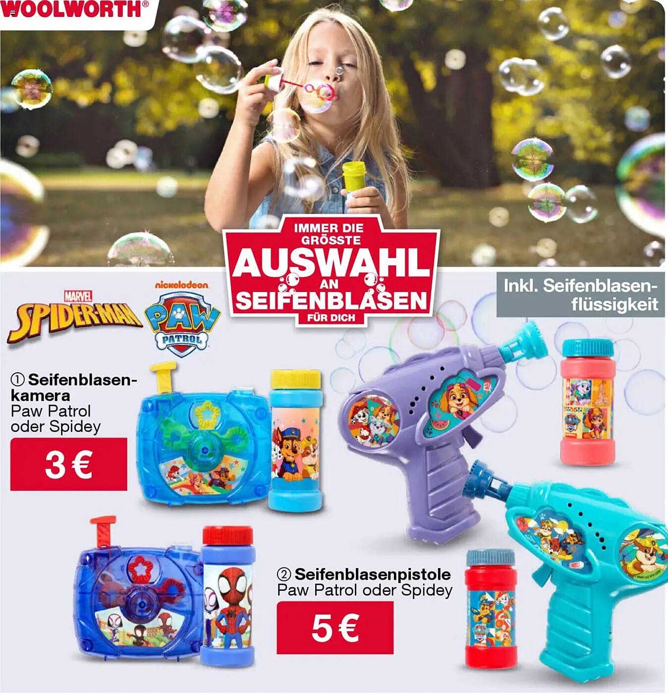 Seifenblasen-Kamera Paw Patrol oder Spidey für 3 € und Seifenblasenpistole Paw Patrol oder Spidey für 5 €