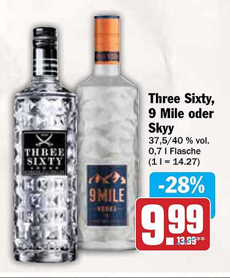 Three Sixty, 9 Mile oder Skyy Vodka 0,7 l Flasche