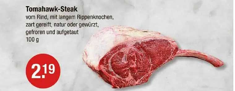 Tomahawk-Steak vom Rind, mit langem Rippenknochen, zart gereift, natur oder gewürzt, gefroren und aufgetaut