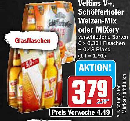 Veltins V+, Schönhofer Weizen-Mix oder MiXery 6 x 0,33 l Glasflaschen