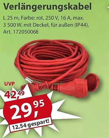 Verlängerungskabel 25 m, rot, 250 V, 16 A, max. 3 500 W, mit Deckel, für außen (IP44)