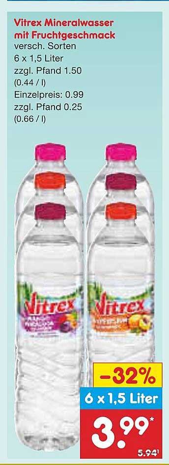 Vitrex Mineralwasser mit Fruchtgeschmack 6 x 1,5 Liter