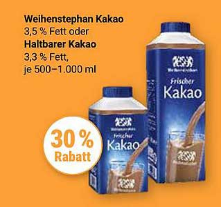 Weihenstephan Kakao 3,5 % Fett oder Haltbarer Kakao 3,3 % Fett, je 500–1.000 ml