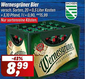 Wernesgrüner Bier, verschiedene Sorten, 20 x 0,5 Liter Kasten