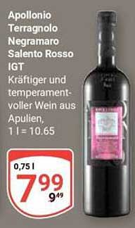 Apollonio Terragnolo Negramaro Salento Rosso IGT Kräftiger und temperamentvoller Wein aus Apulien, 1 l = 10,65