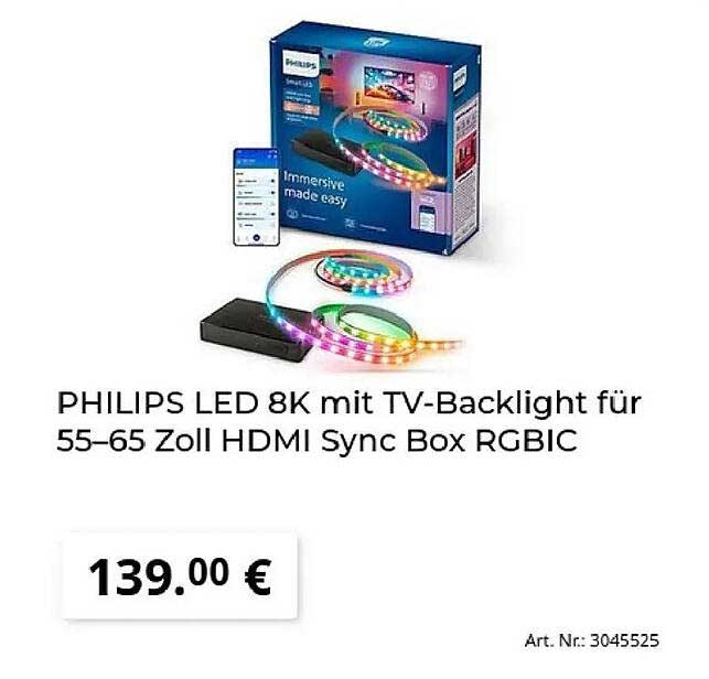 PHILIPS LED 8K mit TV-Backlight für 55–65 Zoll HDMI Sync Box RGBIC