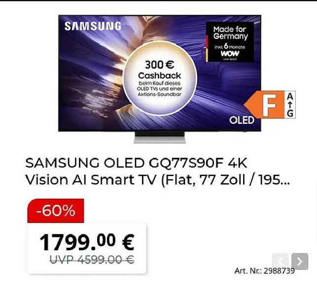 SAMSUNG OLED GQ77S90F 4K Vision AI Smart TV (Flat, 77 Zoll / 195...