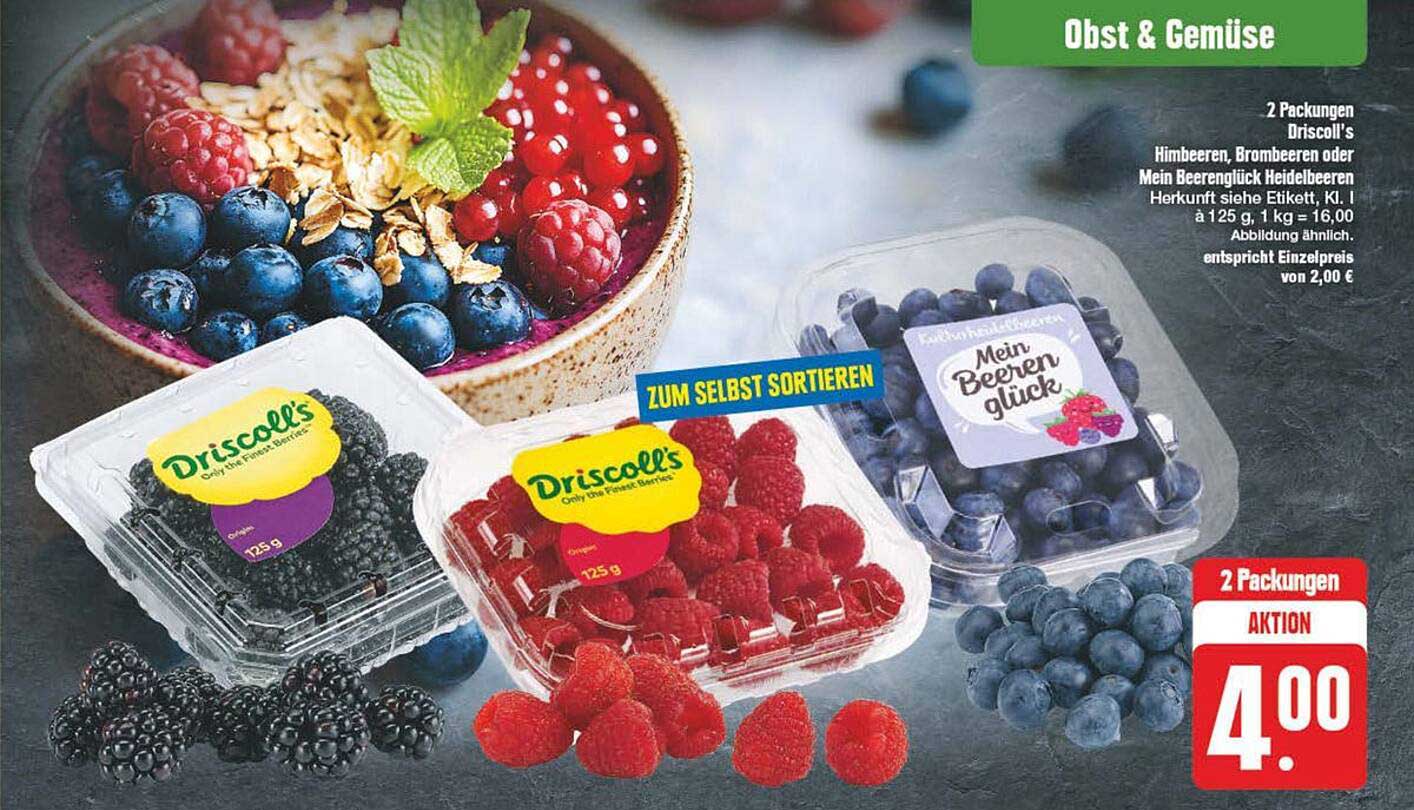 2 Packungen Driscoll's Himbeeren, Brombeeren oder Mein Beeren Glück Heidelbeeren