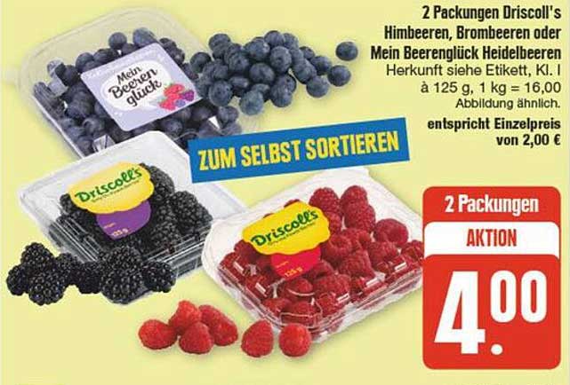 2 Packungen Driscoll's Himbeeren, Brombeeren oder Mein Beerenglück Heidelbeeren