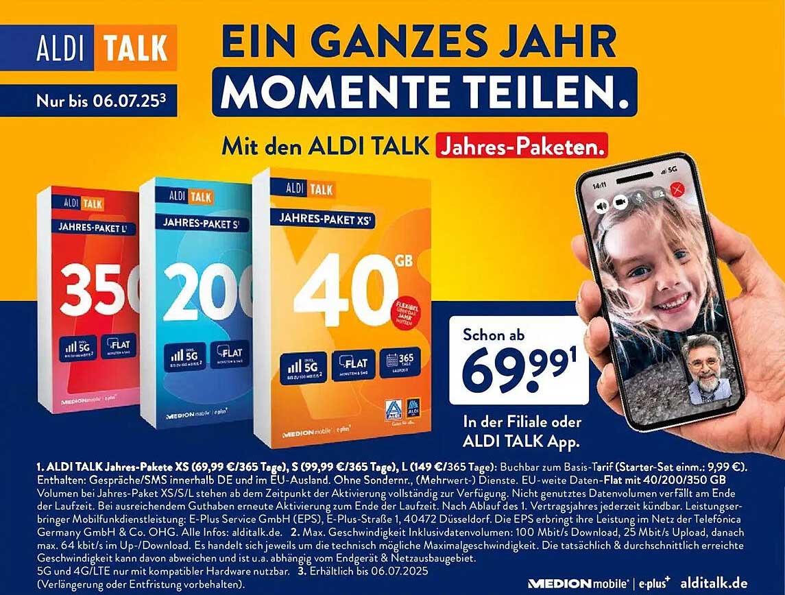 ALDI TALK Jahres-Paket XS - 40 GB für nur 69,99 €