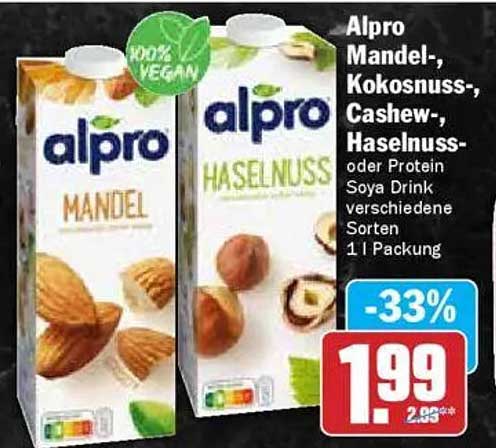 Alpro Mandel-, Kokosnuss-, Cashew-, Haselnuss- oder Protein Soya Drink 1 l