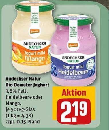 Andechser Natur Bio Demeter Joghurt 500 g (Heidelbeere oder Mango)