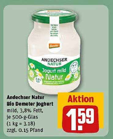Andechser Natur Bio Demeter Joghurt mild, 3,8 % Fett, 500 g