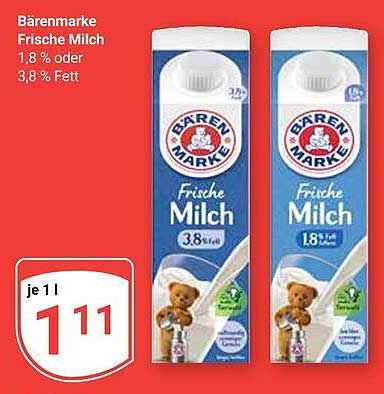 Bärenmarke Frische Milch 1,8 % oder 3,8 % Fett
