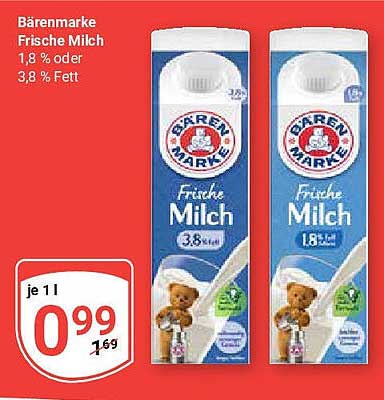Bärenmarke Frische Milch 1,8 % oder 3,8 % Fett