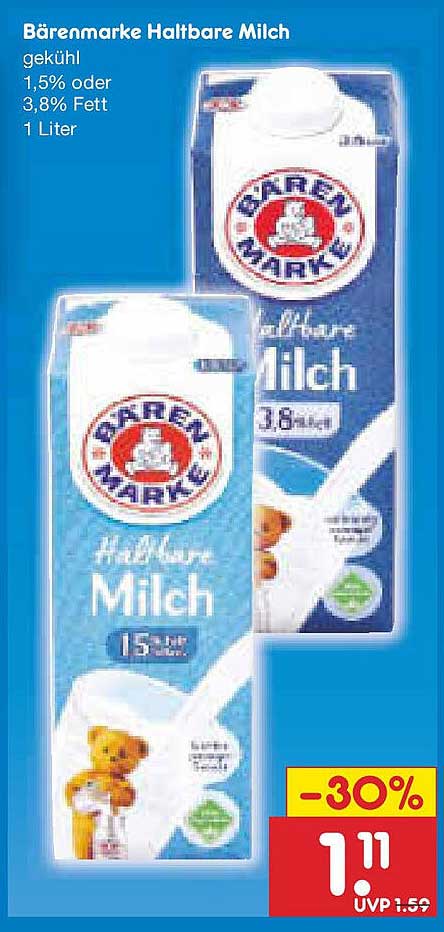Bärenmarke Haltbare Milch, 1 Liter (1,5% oder 3,8% Fett)