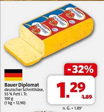 Bauer Diplomat deutscher Schnittkäse, 55 % Fett i. Tr.