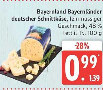 Bayernland Bayernländer deutscher Schnittkäse, fein-nussiger Geschmack, 48 % Fett i. Tr., 100 g