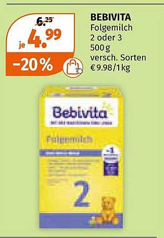 BEBIVITA Folgemilch 2 oder 3, 500 g - jetzt nur 4,99 €