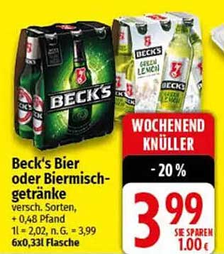 Beck's Bier oder Biermischgetränke - 20% Rabatt!
