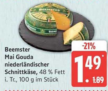 Beemster Mai Gouda niederländischer Schnittkäse, 48 % Fett i. Tr., 100 g im Stück