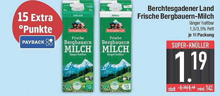 Berchtesgadener Land Frische Bergbauern-Milch 1,5/3,5% Fett je 1l Packung