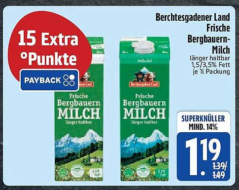 Berchtesgadener Land Frische Bergbauern-Milch 1,5%/3,5% Fett je 1l Packung