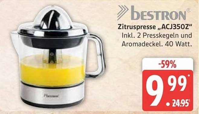Bestron Zitruspresse „ACJ350Z“ inkl. 2 Presskegeln und Aromadeckel - 40 Watt
