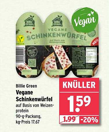 Billie Green Vegane Schinkenwürfel auf Basis von Weizenprotein, 90-g-Packung