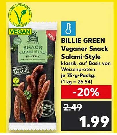BILLIE GREEN Veganer Snack Salami-Style klassisch, auf Basis von Weizenprotein