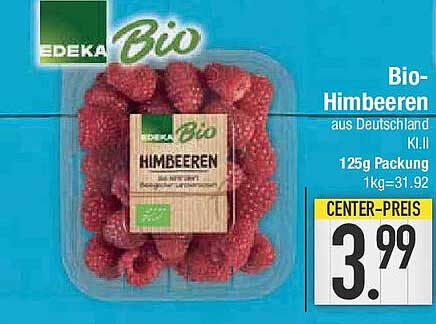 Bio-Himbeeren aus Deutschland, 125g Packung