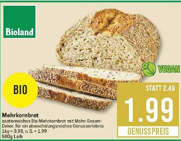 Bioland Mehrkornbrot 500g für nur 1,99 € statt 2,49 €