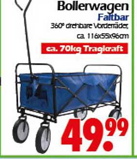 Bollerwagen faltbar mit 360° drehbarem Vorderrad, ca. 116x55x96cm, ca. 70kg Tragkraft