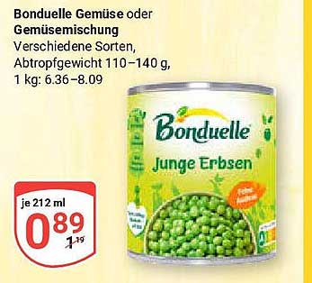 Bonduelle Gemüse oder Gemüsemischung, Junge Erbsen – 212 ml für nur 0,89 €