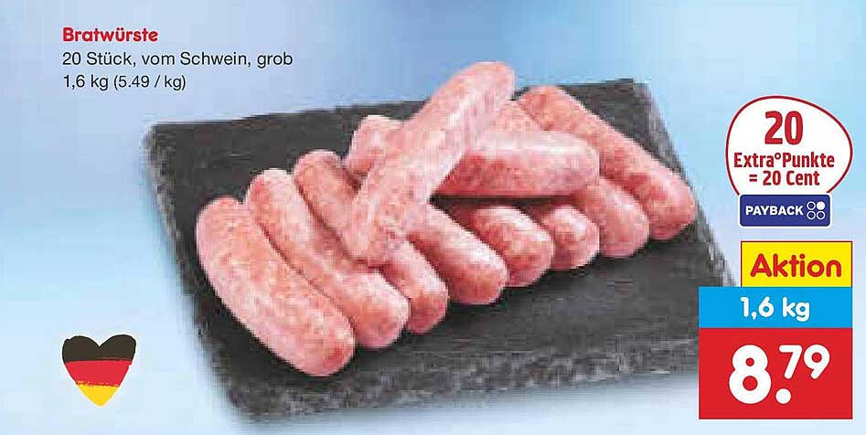 Bratwürste 20 Stück, vom Schwein, grob, 1,6 kg (5,49 / kg)