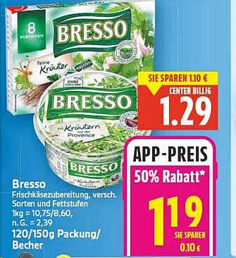 Bresso Frischkäsezubereitung, verschiedene Sorten und Fette