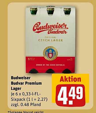 Budweiser Budvar Premium Lager je 6 x 0,33-I-Fl.-Sixpack