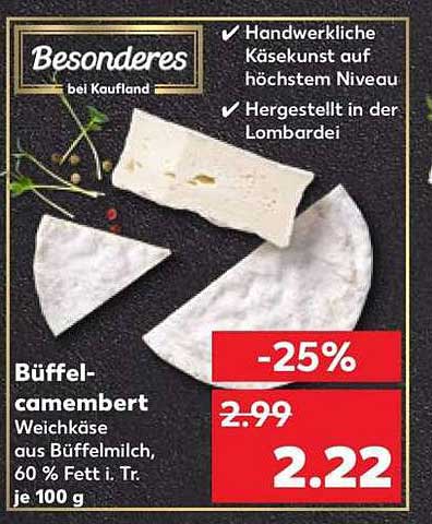 Büffelcamembert - Weichkäse aus Büffelmilch, 60 % Fett i. Tr. je 100 g