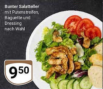 Bunter Salatteller mit Putensreiffen, Baguette und Dressing nach Wahl