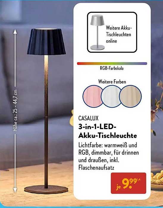 CASALUX 3-in-1-LED-Akku-Tischleuchte