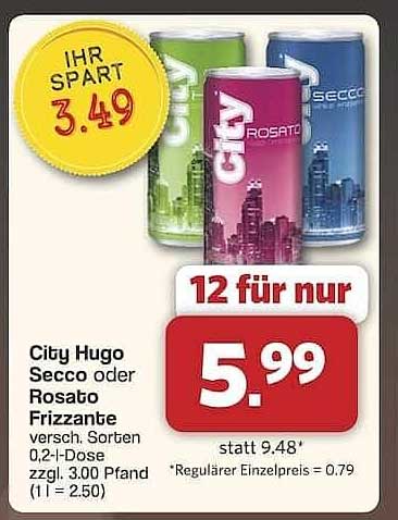 City Hugo Secco oder Rosato Frizzante – 12 Dosen für nur 5,99 €