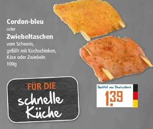 Cordon-bleu oder Zwiebeltaschen vom Schwein, gefüllt mit Kochschinken, Käse oder Zwiebeln 100g