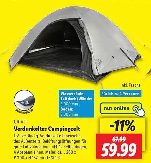 CRIVIT Verdunkeltes Campingzelt für bis zu 4 Personen