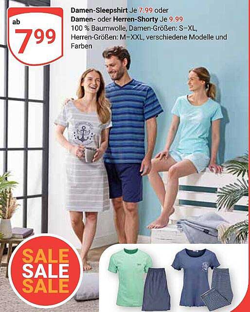 Damen-Sleepshirt ab 7,99 oder Damen- oder Herren-Shorty je 9,99