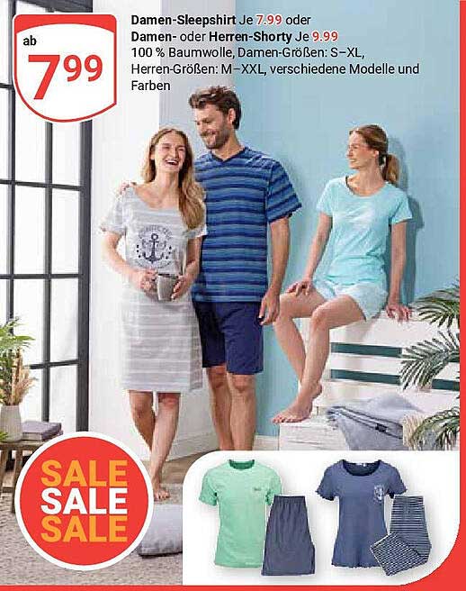 Damen-Sleepshirt Je 7,99 oder Damen- oder Herren-Shorty Je 9,99