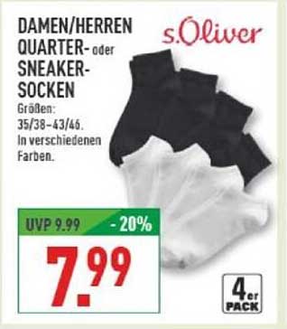 Damen/Herren Quarter- oder Sneaker-Socken 4er Pack