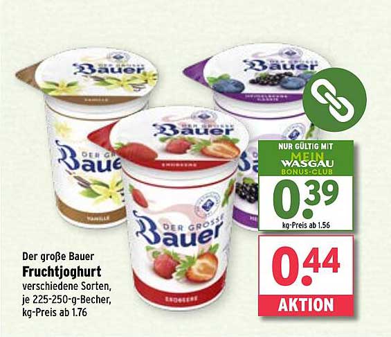 Der große Bauer Fruchtjoghurt verschiedene Sorten, je 225-250-g-Becher, kg-Preis ab 1,76